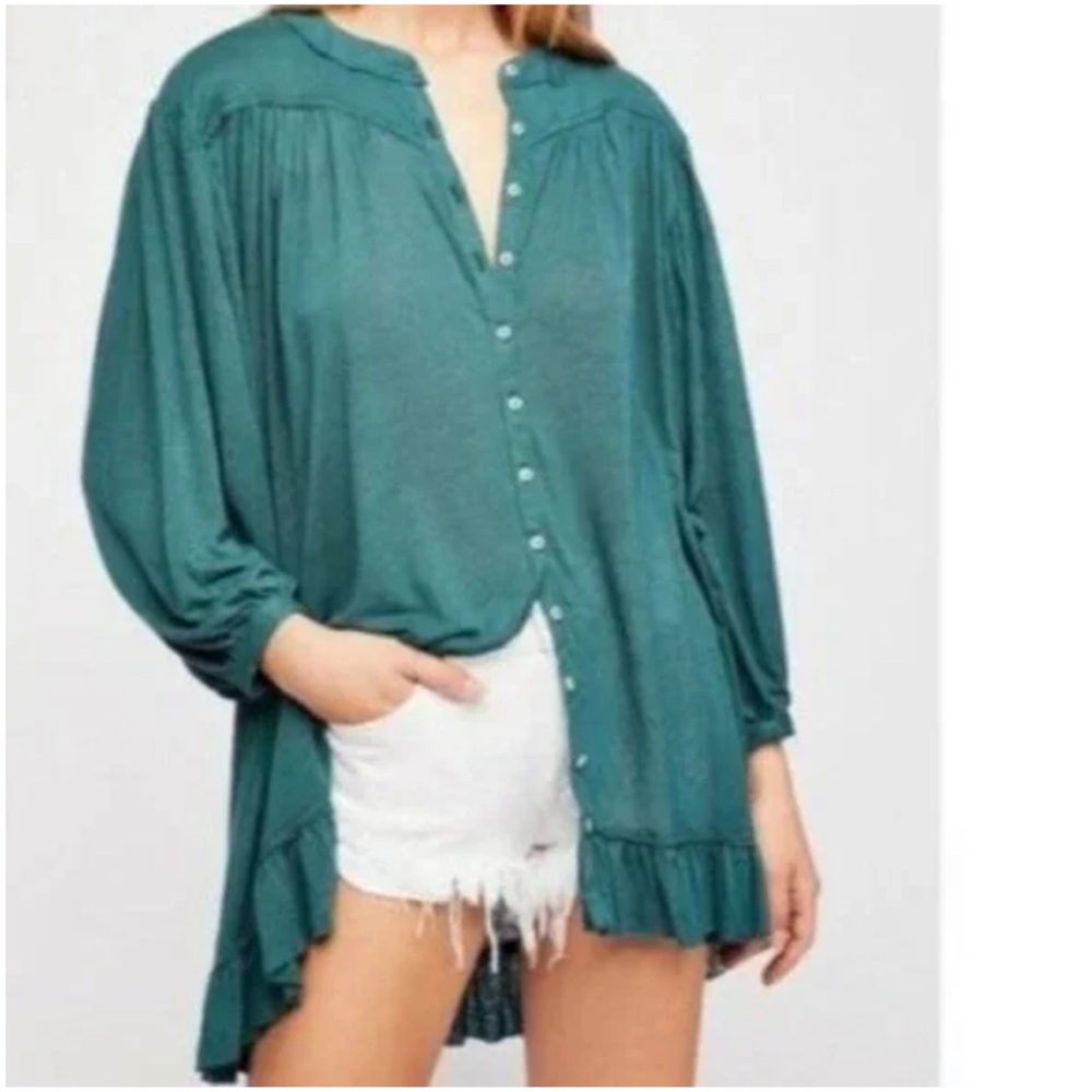 Free People Daytime Ruffle Tunic Top/Mini Dress. Green. Linen Blend. Size Small